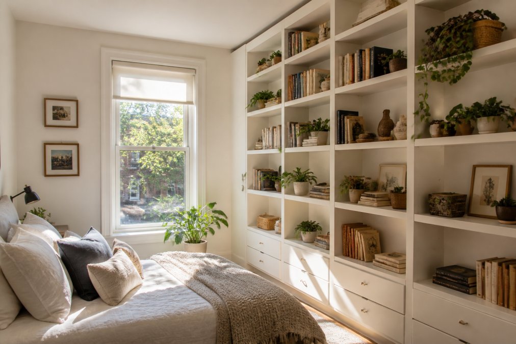 Bright small bedroom with floor-to-ceiling white shelving on one wall, displaying books, plants, and decorative items, morning sunlight streaming through window