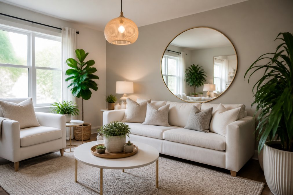 Small living room with large round mirror on accent wall, bright pendant light fixture, white furniture, and potted plants creating an airy, spacious atmosphere