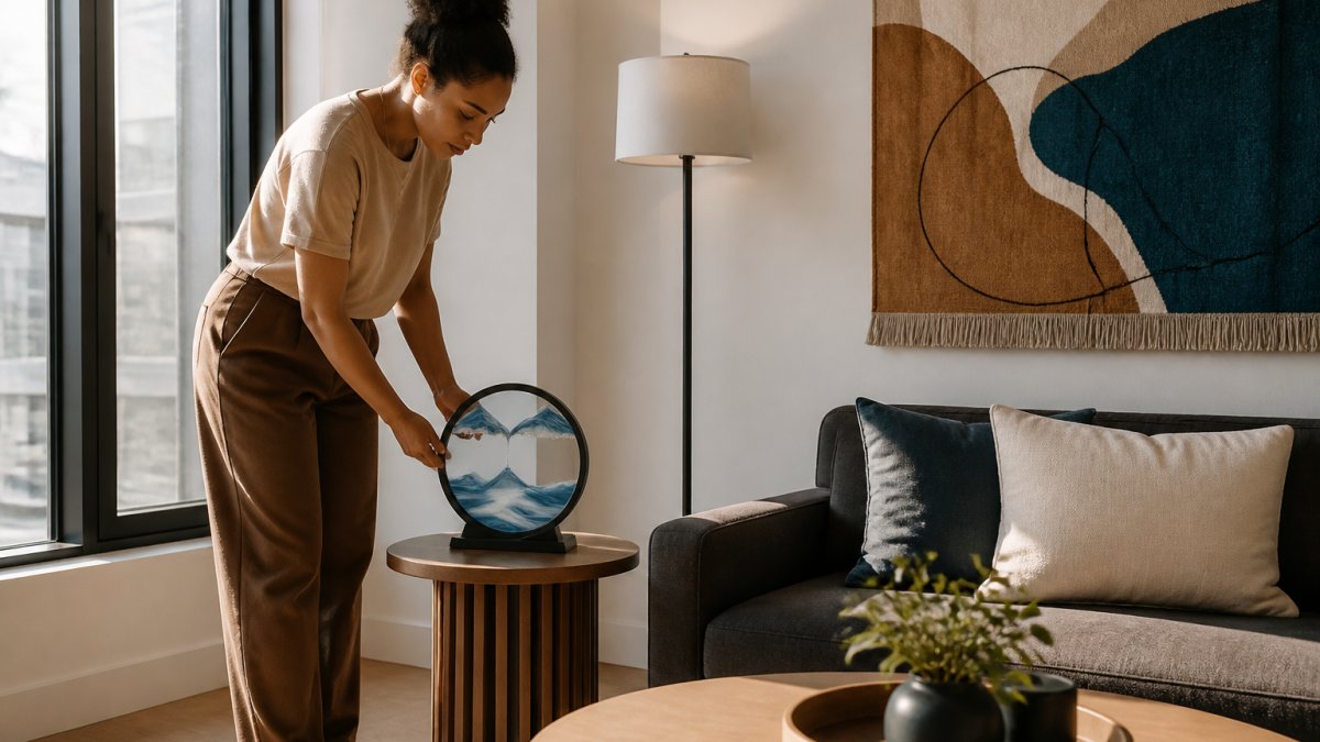 Step-by-step diagram illustrating how to arrange modern apartment decor to create a balanced living space