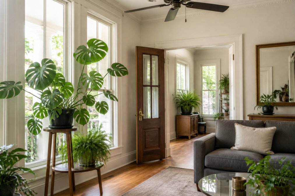 A bright, plant-filled corner of a New Orleans living room with tall windows, featuring a monstera and a fern on a wooden stand, with a ceiling fan visible