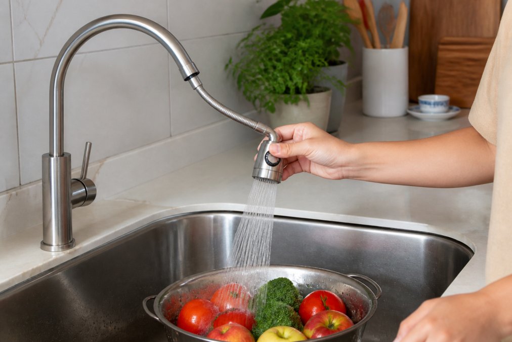 Modern kitchen sink with rotatable faucet extender in use, showing full range of motion and water spray patterns with contemporary stainless steel fixtures