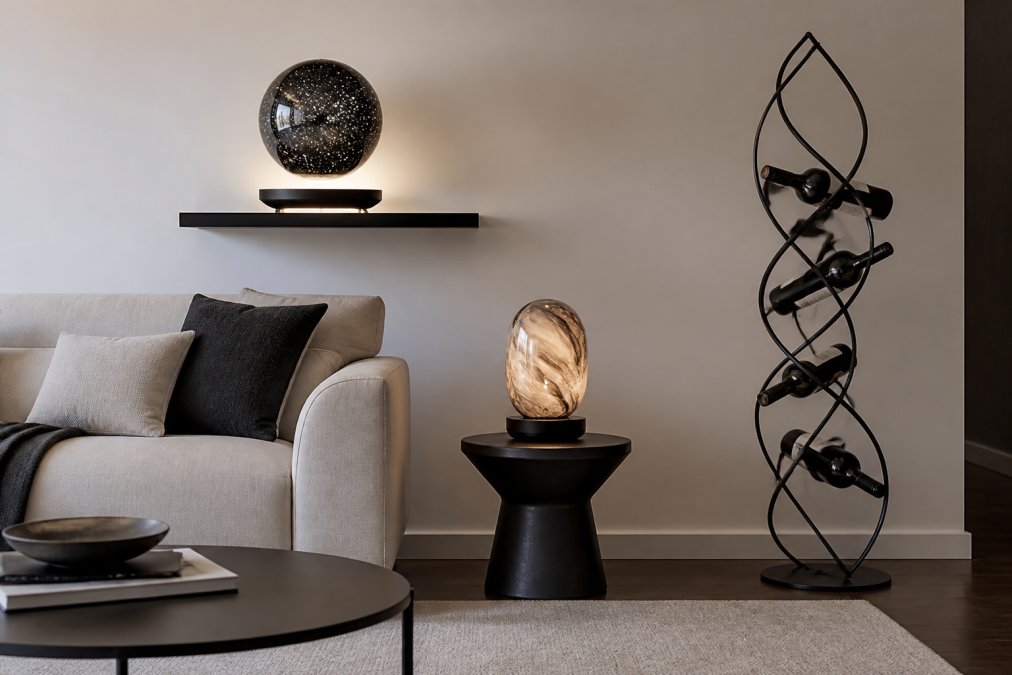 Modern living room with magnetic levitating starry sky ornament on floating shelf, moving sand lamp on side table, sculptural iron wine rack against wall, minimal furniture and plenty of negative space creating elevated contemporary aesthetic