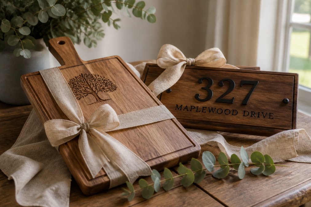 A beautifully wrapped custom engraved cutting board and a personalized address sign placed on a rustic wooden table, surrounded by sprigs of eucalyptus and a tied linen ribbon, photographed in warm natural afternoon light