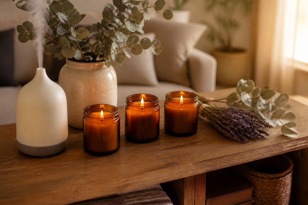 A wooden shelf styled with three lit soy wax candles in amber glass jars, a white ceramic essential oil diffuser releasing a faint mist, and small bundles of dried lavender and eucalyptus, photographed in a warm softly lit living room with afternoon sun filtering through linen curtains