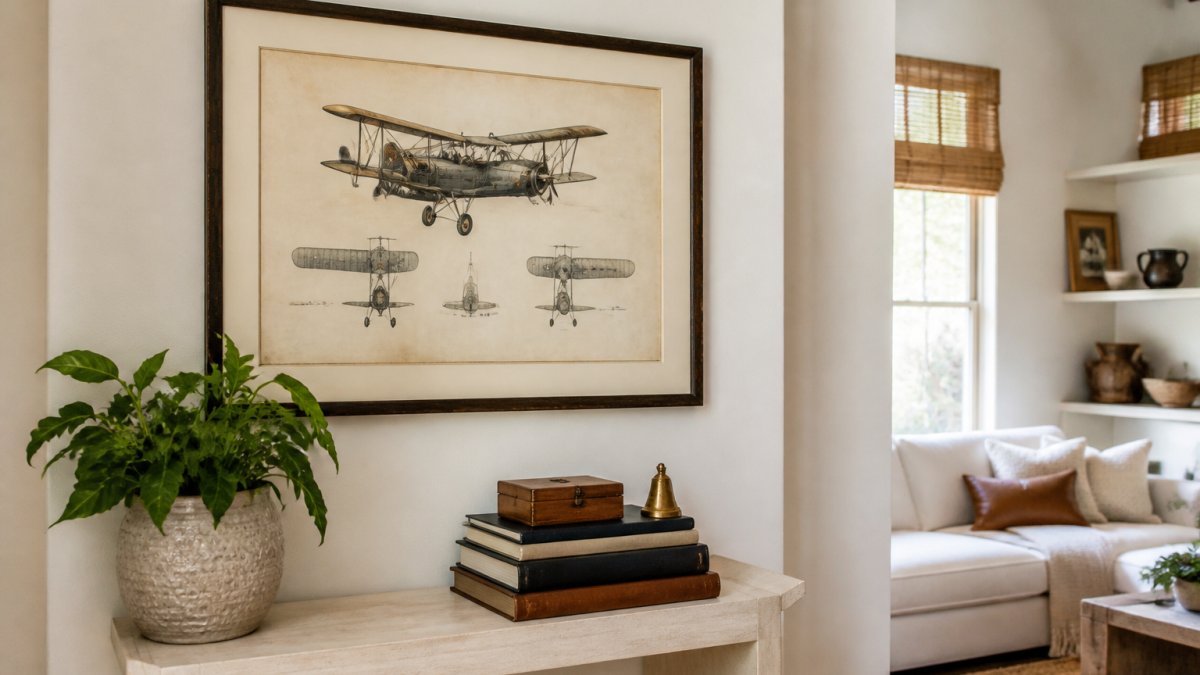 A framed historical aviation or art history print hanging on a light-colored wall in a bright living room, styled with a small plant and a stack of books on a console table below it