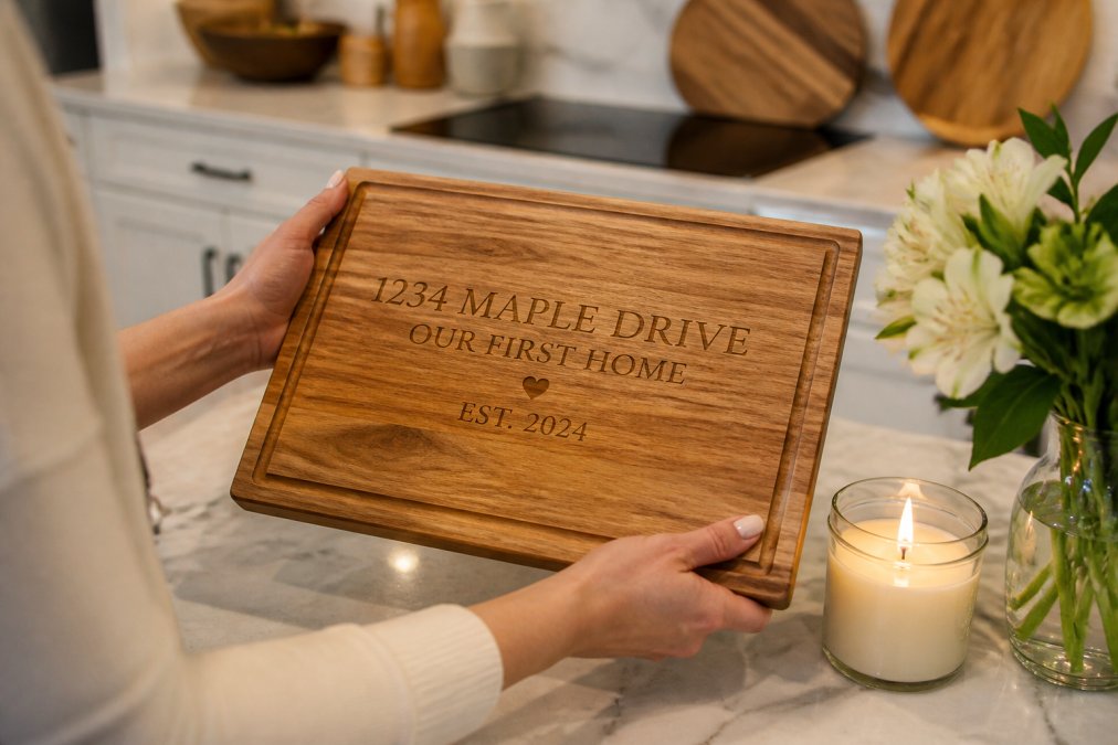 Close-up of hands holding a personalized wooden cutting board engraved with a street address, resting on a kitchen counter beside fresh flowers and a lit soy candle