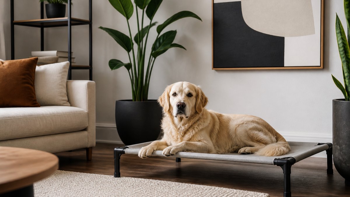 Modern living room with a dog resting on a minimalist elevated bed beside contemporary wall art and indoor plants, showing how premium pet furniture integrates seamlessly with stylish home décor