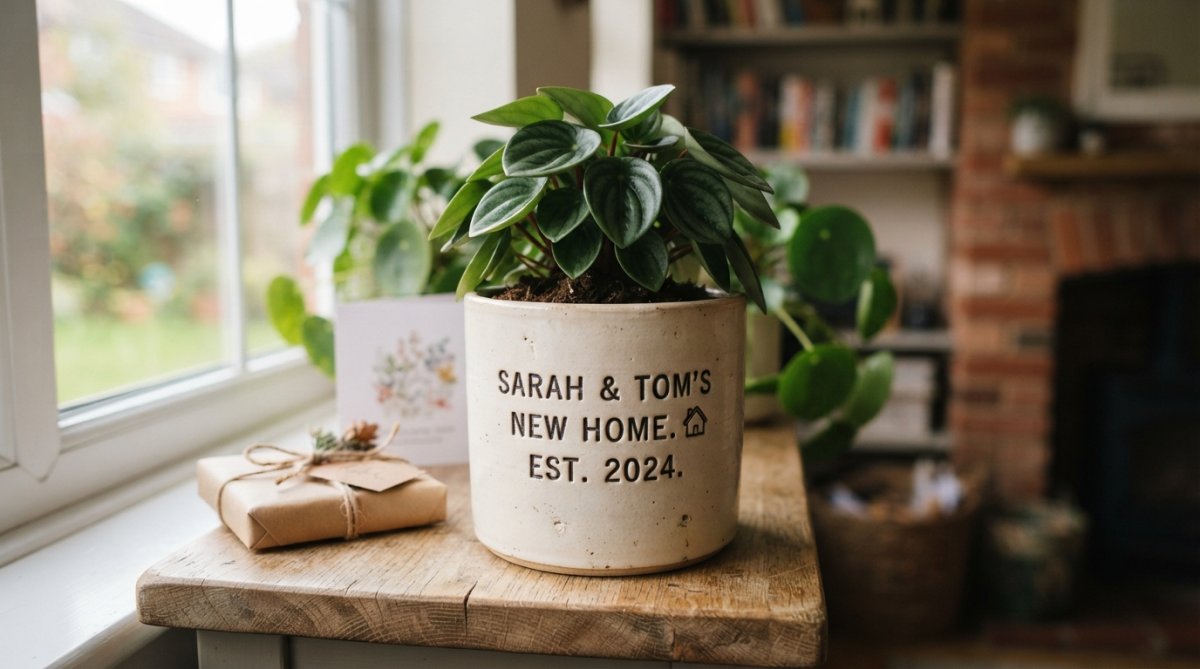 Close-up of a beautifully engraved ceramic plant pot with a personalised name and date, styled in a bright home setting with a lush green plant inside