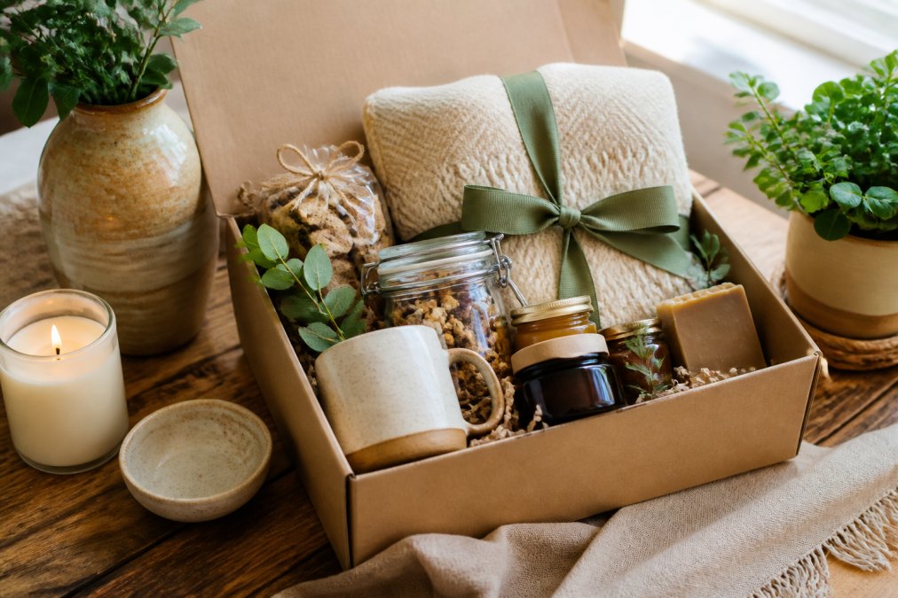 A beautifully styled open housewarming gift box on a rustic wooden table, filled with artisanal jam jars, a pillar candle, gourmet crackers, and a handwritten notecard, bathed in warm afternoon window light