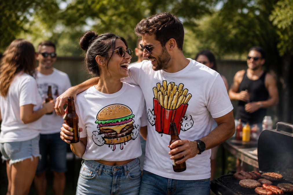 A young couple laughing together at a backyard barbecue, wearing matching funny graphic t-shirts with bold slogans, holding drinks and enjoying a sunny outdoor party