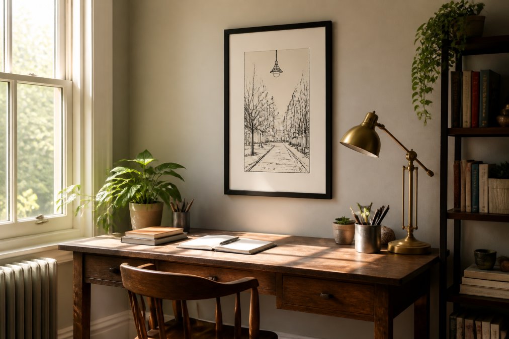 A well-lit home office desk with a framed hand-drawn illustration print on the wall behind it, a small potted plant on the desk, and warm natural light streaming through a window to the left