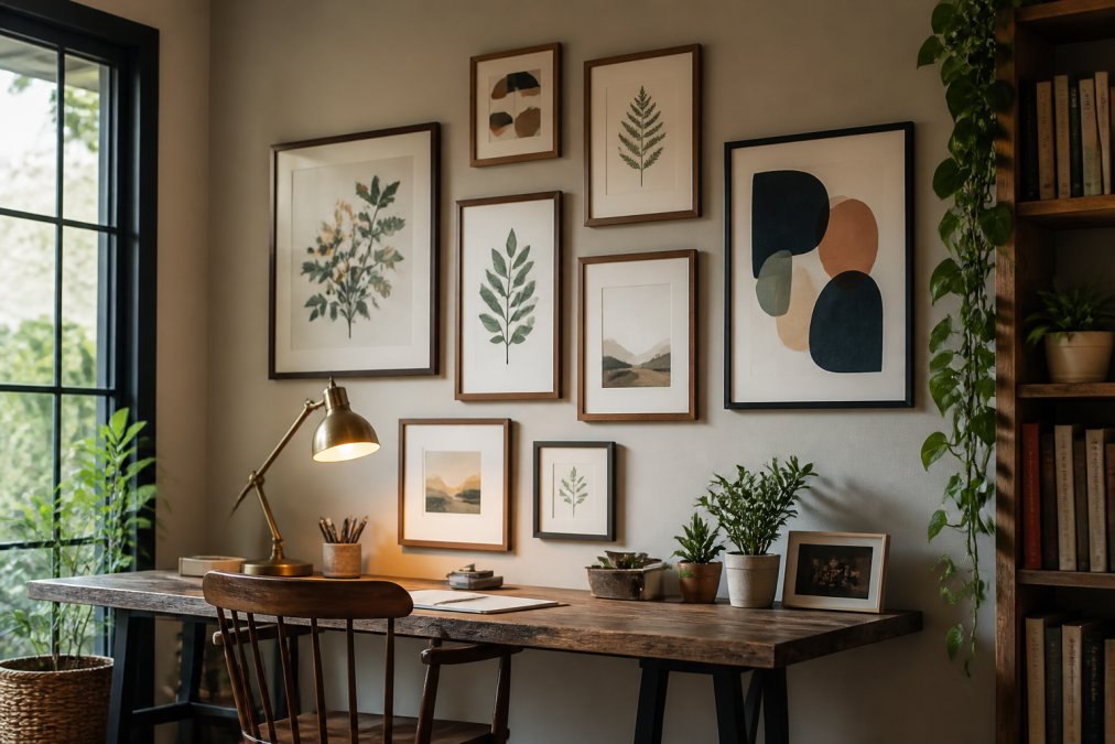 A gallery wall arrangement of mixed framed illustration prints in a warm home office, with a wooden desk and chair in the foreground, soft ambient lamp light, and a mix of botanical and abstract art pieces hung at varying heights