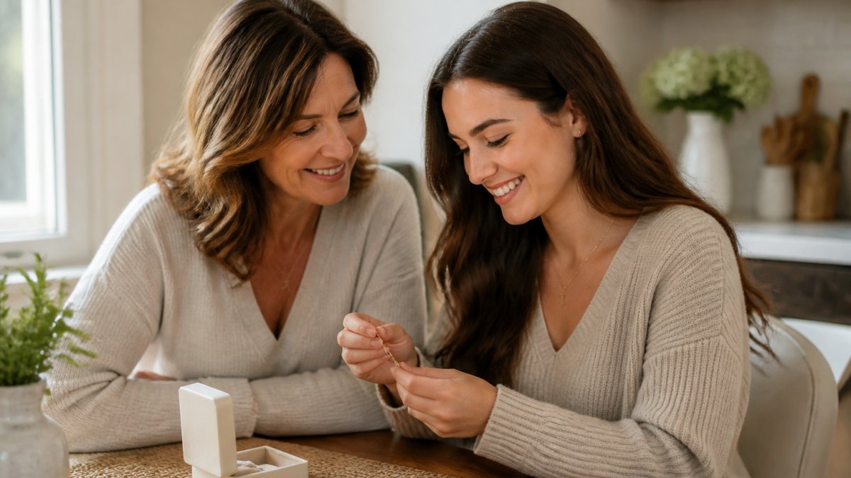 A mother and adult daughter sitting together at a sunlit kitchen table, the daughter holding a small pendant necklace in her hands while the mother smiles, an open jewelry box nearby