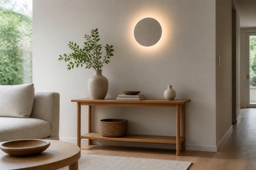 A bright, airy living room with a neutral palette, featuring a single decorative LED wall light glowing softly above a clean wooden console table