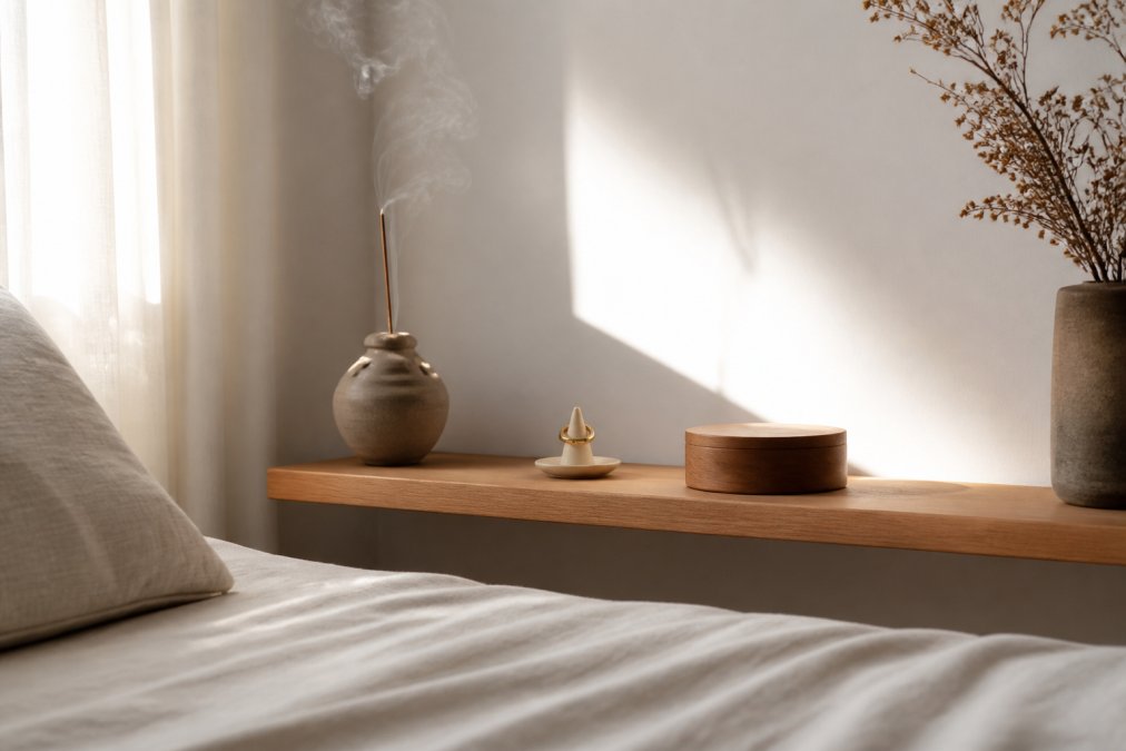 Serene minimalist bedroom with soft natural light streaming across white walls, a low wooden shelf displaying a ceramic incense burner, a delicate gold ring on a small stand, and a round wooden keepsake box, all arranged with intentional spacing on pale linen