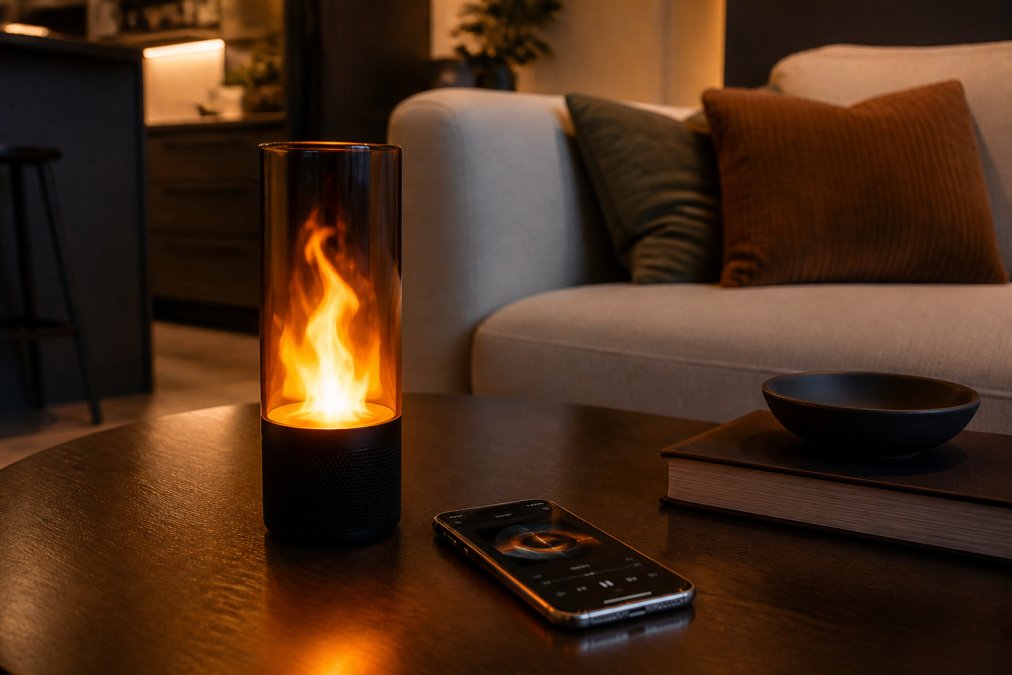 A flickering LED flame speaker on a modern coffee table in a dim living room, warm glow reflecting off a phone playing music nearby