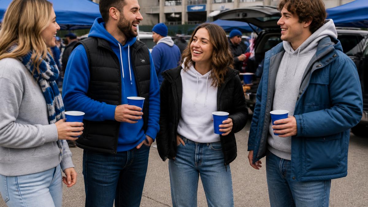 Infographic showing a step-by-step layering guide for comfortable, stylish, and weather-ready stadium game day outfits.