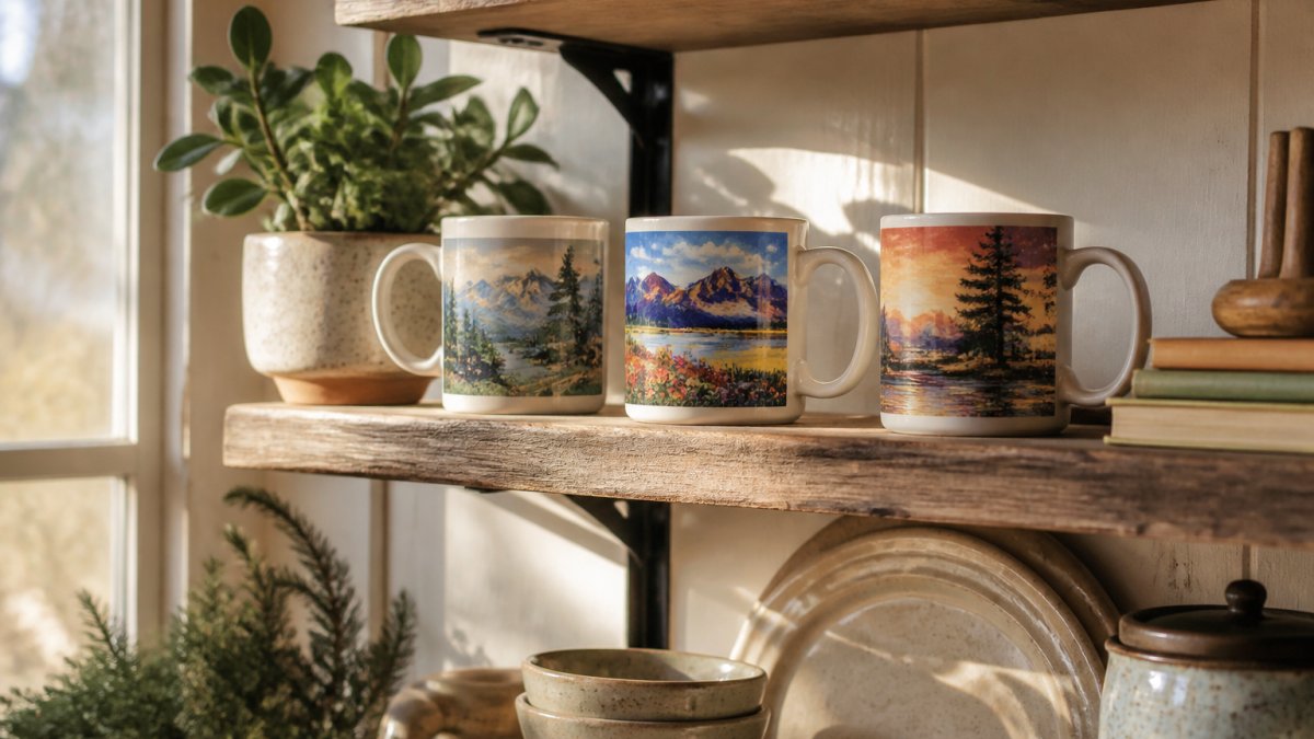 A cozy kitchen shelf styled with a collection of ceramic landscape art mugs, a small potted plant, and a stack of art books, with natural light streaming in