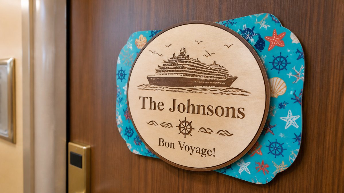 A close-up photo of a wooden laser-engraved cabin door sign with a family name and cruise ship silhouette, mounted on a stateroom door with a colorful magnetic frame.