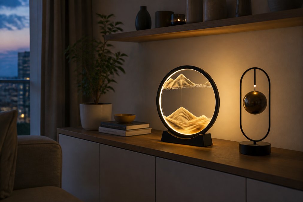 A cozy modern living room shelf at dusk with a glowing sand art lamp and a small floating ornament, warm ambient light, real apartment setting