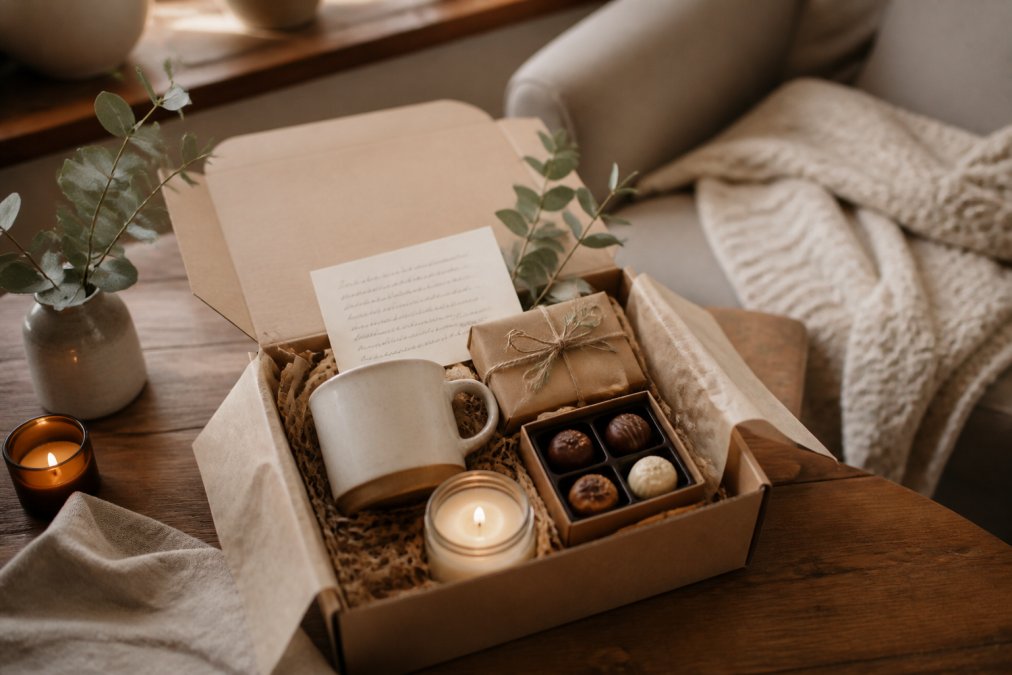 A warmly lit wooden table with an open gift box filled with a ceramic mug, artisan chocolates, a small candle, and a handwritten note, styled with soft natural light and a cosy home setting