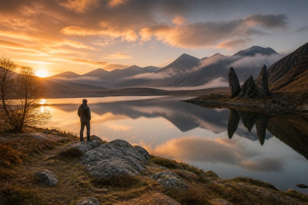 Golden sunset light reflecting off a perfectly still loch surrounded by dramatic volcanic rock formations and misty mountains, with a lone figure standing on the shore contemplating the breathtaking landscape