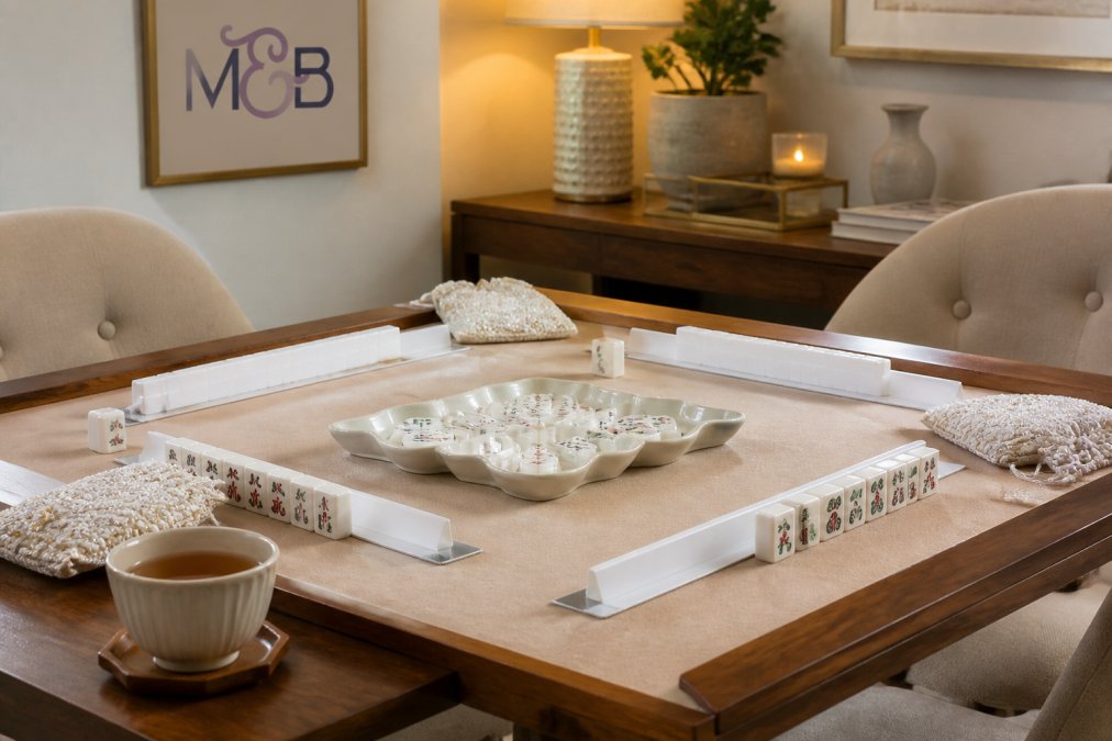 Infographic detailing unique mahjong themed home decor setup with acrylic racks, tile trays, and cozy tea-time styling tips.