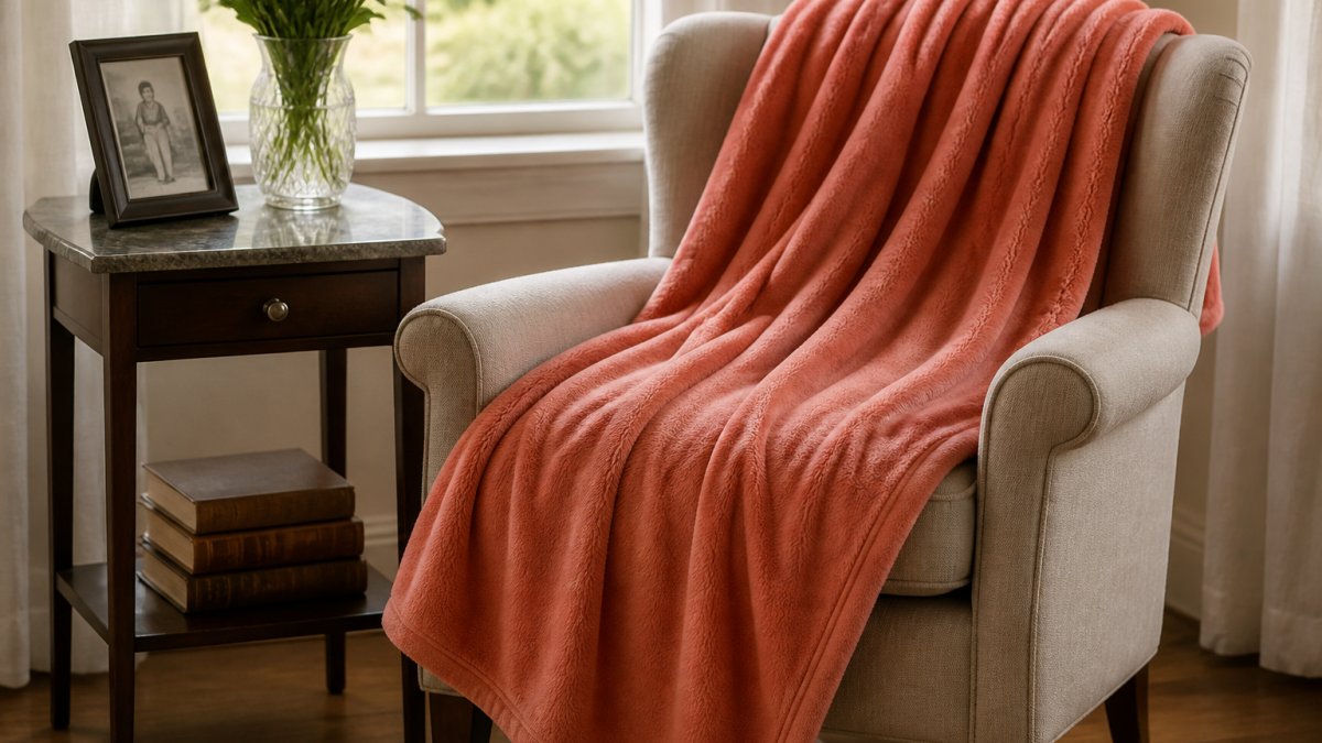 A soft coral fleece blanket with a heartfelt memorial message draped over a cozy armchair beside a window, warm afternoon light falling across the fabric