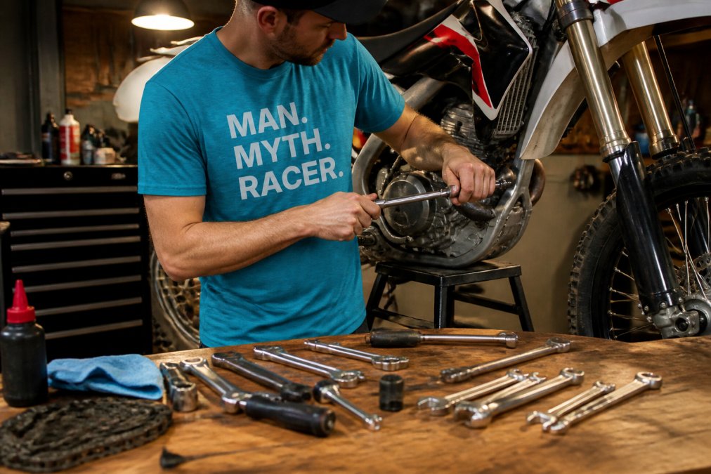 Close-up of hands using maintenance tools on a dirt bike in a well-organized garage, with various wrenches and tools laid out on a wooden workbench, warm task lighting from overhead lamp