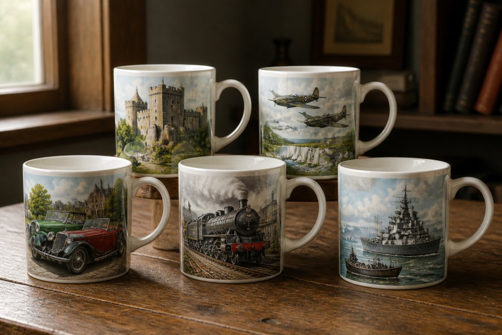 A collection of five themed ceramic mugs arranged on a rustic wooden table, each displaying colourful historical artwork of castles, wartime aircraft, classic cars, and steam trains, with soft natural window light casting gentle shadows
