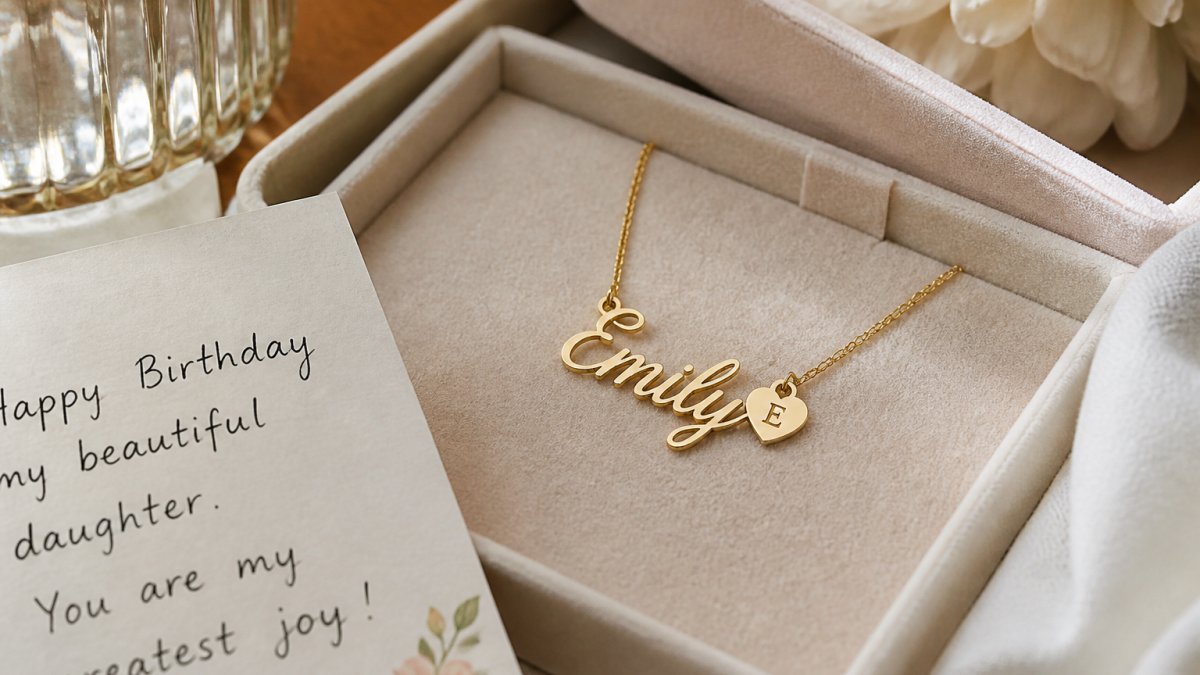 Delicate gold name necklace with initial charm on a velvet tray as part of thoughtful necklace gift ideas