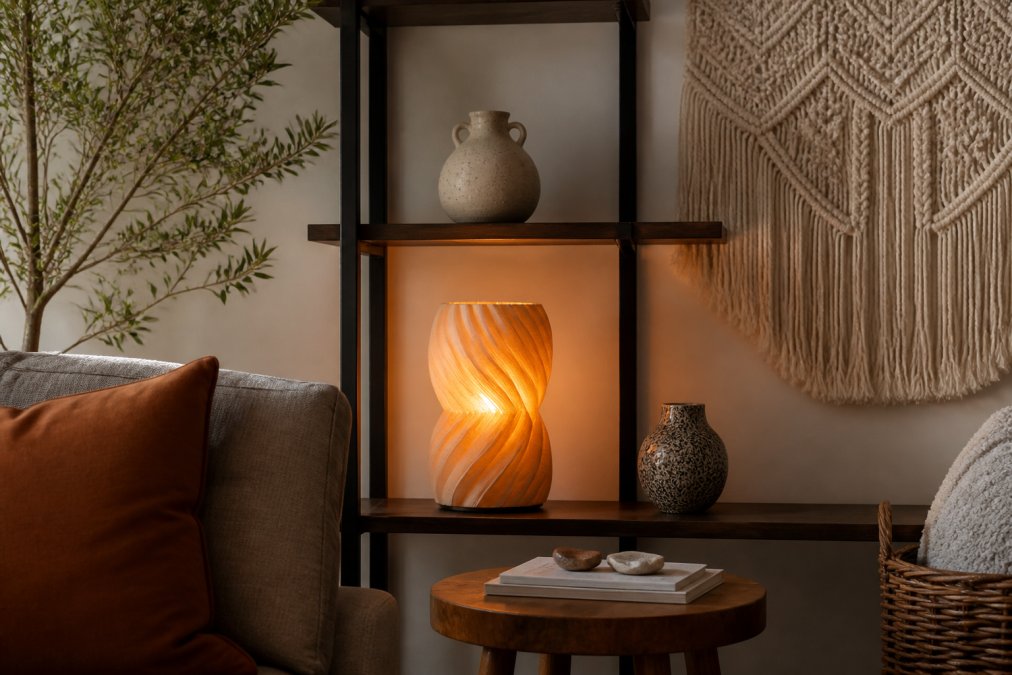 A styled shelf and side table in a cozy modern living room displaying a sculptural 3D-printed lamp casting warm amber light, a small unglazed ceramic vase, and a macrame wall hanging with soft texture visible in the background