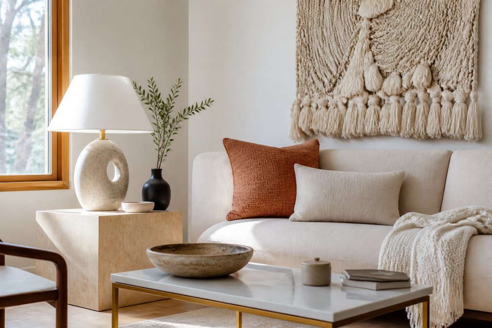 A well-composed living room corner in natural afternoon light featuring a sculptural statement lamp on a side table, a decorative bowl centered on a low coffee table, and a textured macrame wall hanging against a neutral white wall, creating a cohesive and unhurried curated look