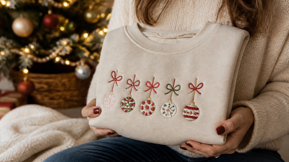 Close-up of a woman's hands holding a folded embroidered sweatshirt with a festive design, soft natural light, cozy home setting with holiday decorations blurred in background