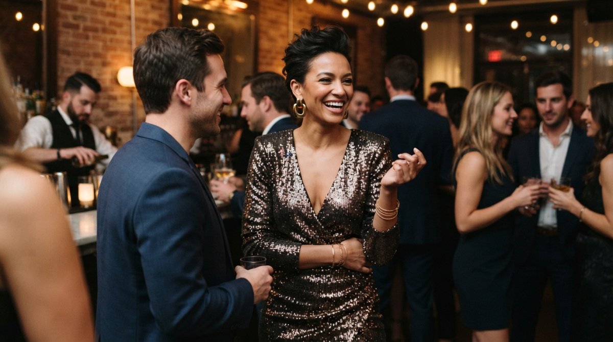 Woman wearing a glitter deep V-neckline mini dress at an upscale cocktail party, posing confidently with statement gold earrings and an updo, warm ambient lighting highlighting the metallic fabric