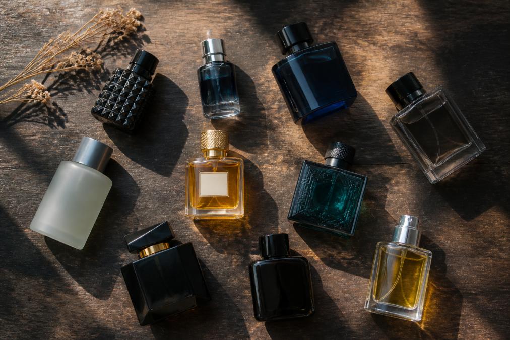 A flat lay of several distinct men's fragrance bottles on a dark wooden surface, with natural light casting soft shadows and a small sprig of dried botanicals nearby