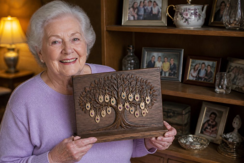 Aging parent smiling warmly while holding a personalized family tree plaque with names and birthstones engraved, displayed on a shelf surrounded by family photos and keepsakes in a cozy home setting