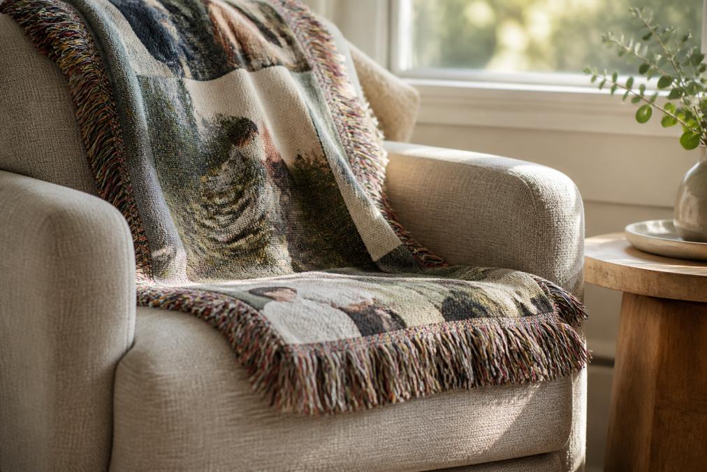 A close-up of a woven heirloom blanket with colorful fringe draped over a cozy armchair, soft natural light highlighting the cotton texture