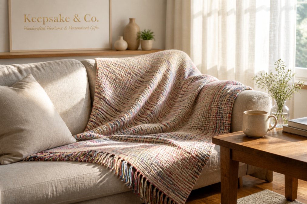 A woven cotton blanket with colorful fringe draped over a linen sofa in a sunlit living room, a ceramic mug of tea on a wooden side table, soft afternoon light through sheer curtains