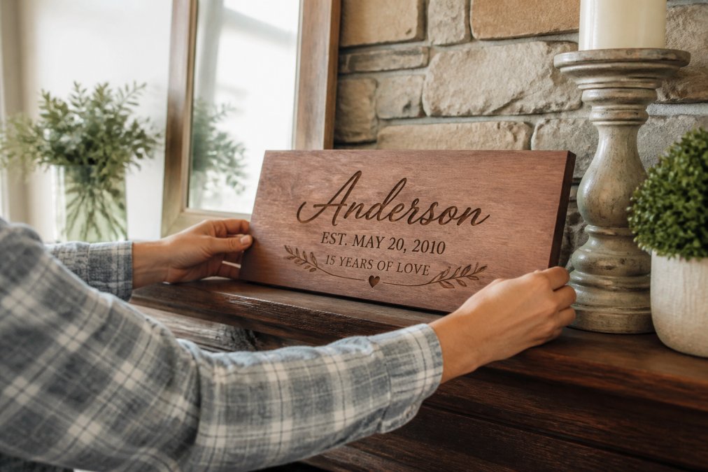 Close-up of hands placing a custom-engraved wooden plaque with a family name and anniversary date on a mantelpiece in a cozy, warmly lit living room