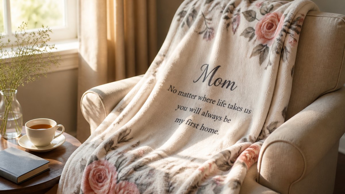 A folded soft fleece blanket with a printed heartfelt message draped over a cozy armchair, warm afternoon light, a cup of tea and a book nearby