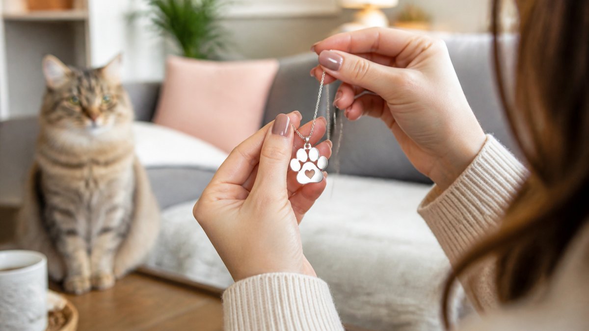 Close-up of a woman's hands holding a delicate silver paw print name necklace, soft-focus living room background with a cat sitting nearby