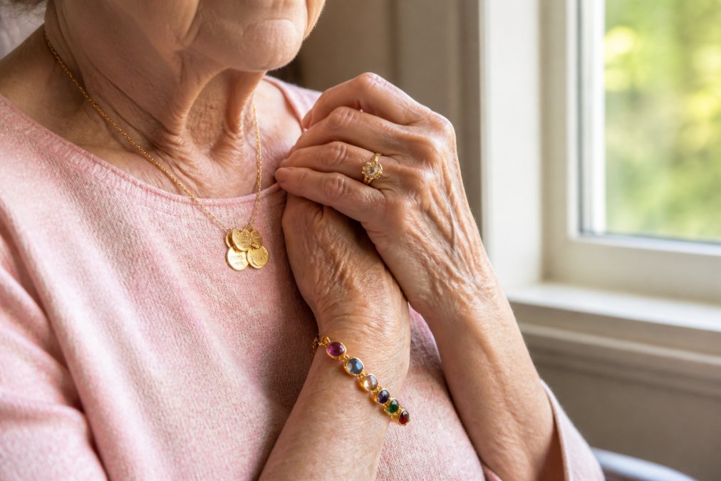 Close-up of an elderly woman's hands wearing multiple personalized jewelry pieces including an engraved necklace with grandchildren's names, a birthstone bracelet with colorful stones, and a custom ring, photographed in natural daylight near a window