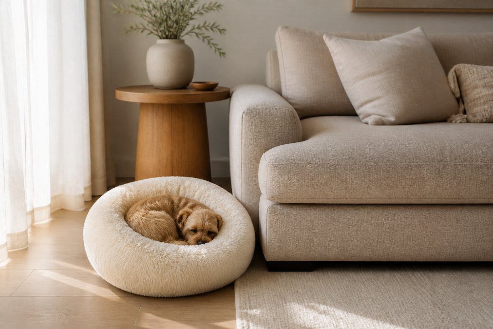 Small dog sleeping in a round plush bed near a neutral sofa, featuring stylish pet supplies for minimalist homes.
