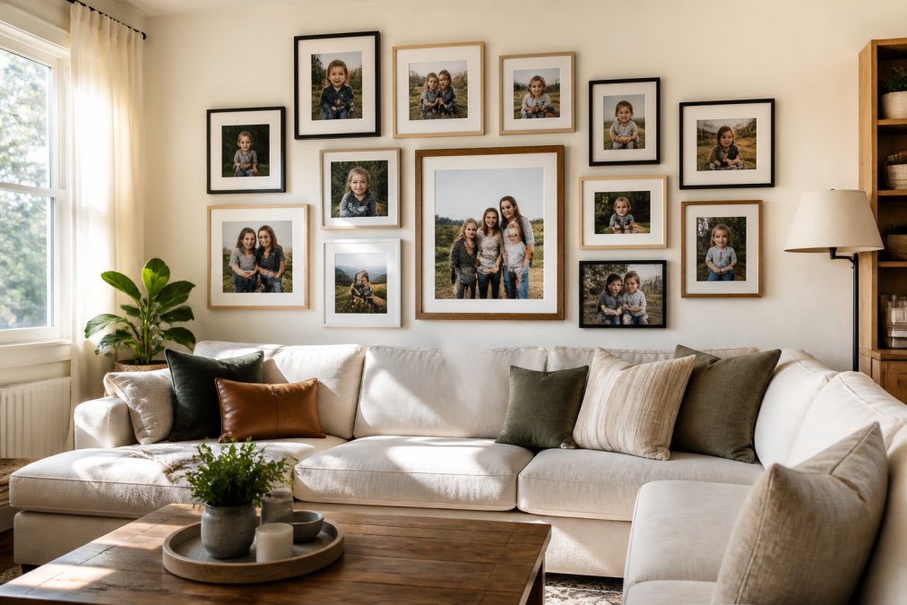 A bright family living room with a gallery wall of framed family photos in mixed sizes, a cozy sofa below, and warm natural light coming through a window
