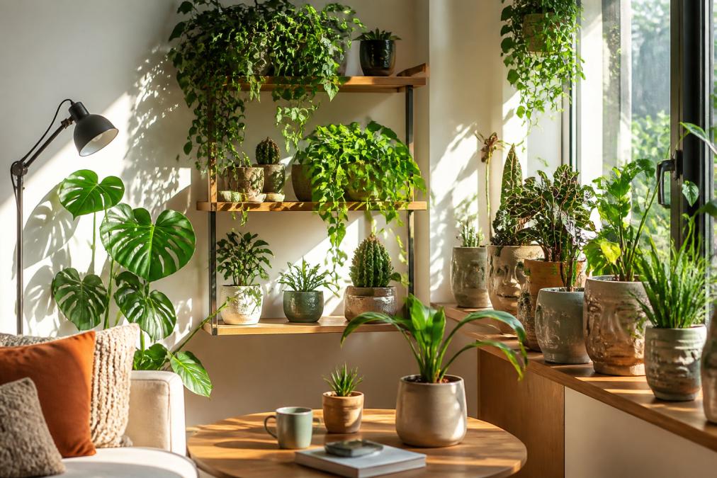 Bright, airy living room with multiple unique potted houseplants arranged on wooden shelves and windowsills, featuring ceramic and character planters in varying heights and colours, natural sunlight streaming through large windows illuminating the green foliage and creating shadows on white walls
