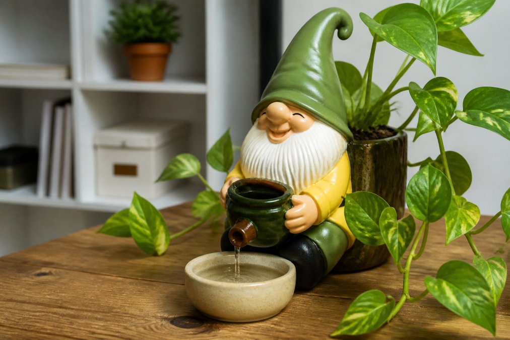 Close-up of a cheerful self-watering gnome planter sitting on a wooden desk beside a thriving pothos plant with trailing vines, showing the quirky character design and practical functionality of the pot in a home office setting with soft natural light