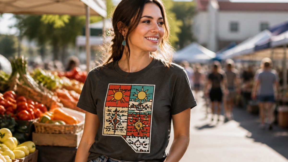 A woman in her late 20s wearing a colorful state-themed graphic tee with southwestern patterns, standing outdoors at a local farmers market, smiling naturally in golden afternoon light