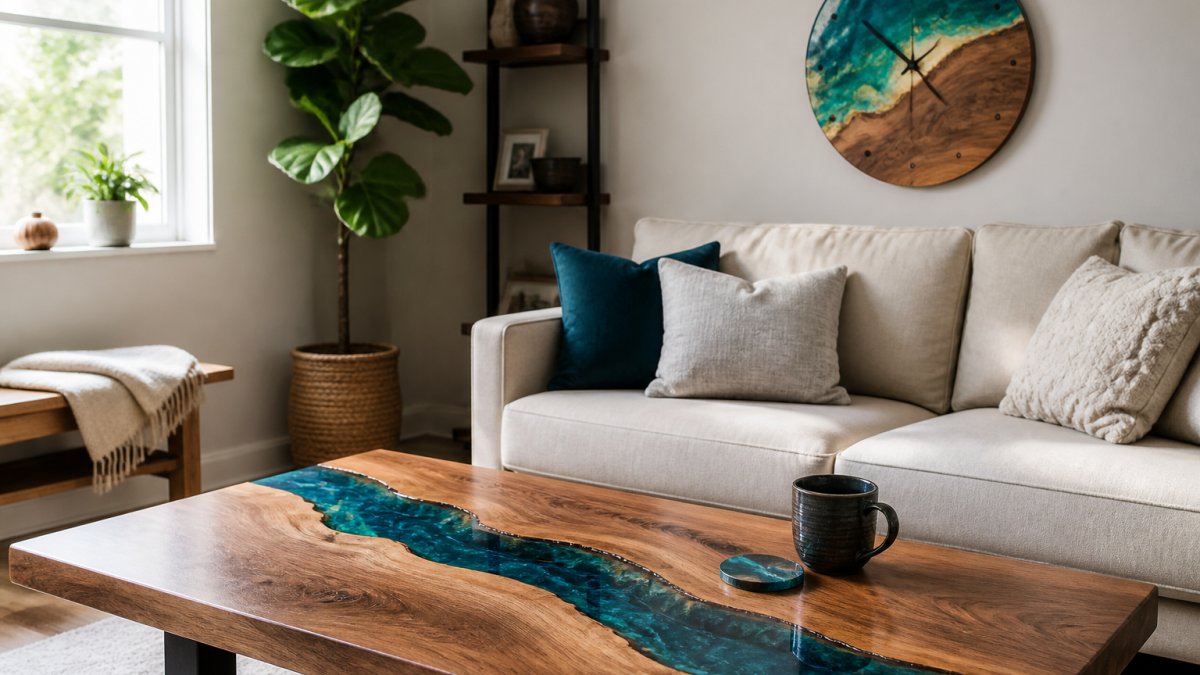 A sunlit living room corner with a walnut coffee table featuring a deep-pour epoxy river running through the center, a small resin coaster set beside a ceramic mug, and a resin wall clock above a linen sofa