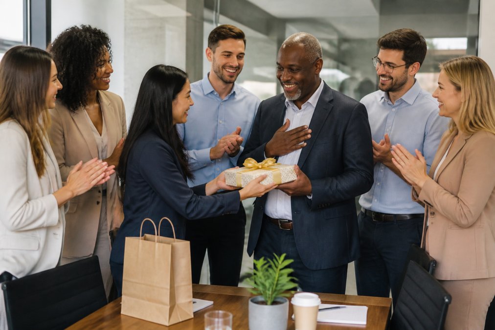 A diverse group of coworkers gathered around a conference table presenting a wrapped retirement gift to a smiling retiring colleague in professional business attire